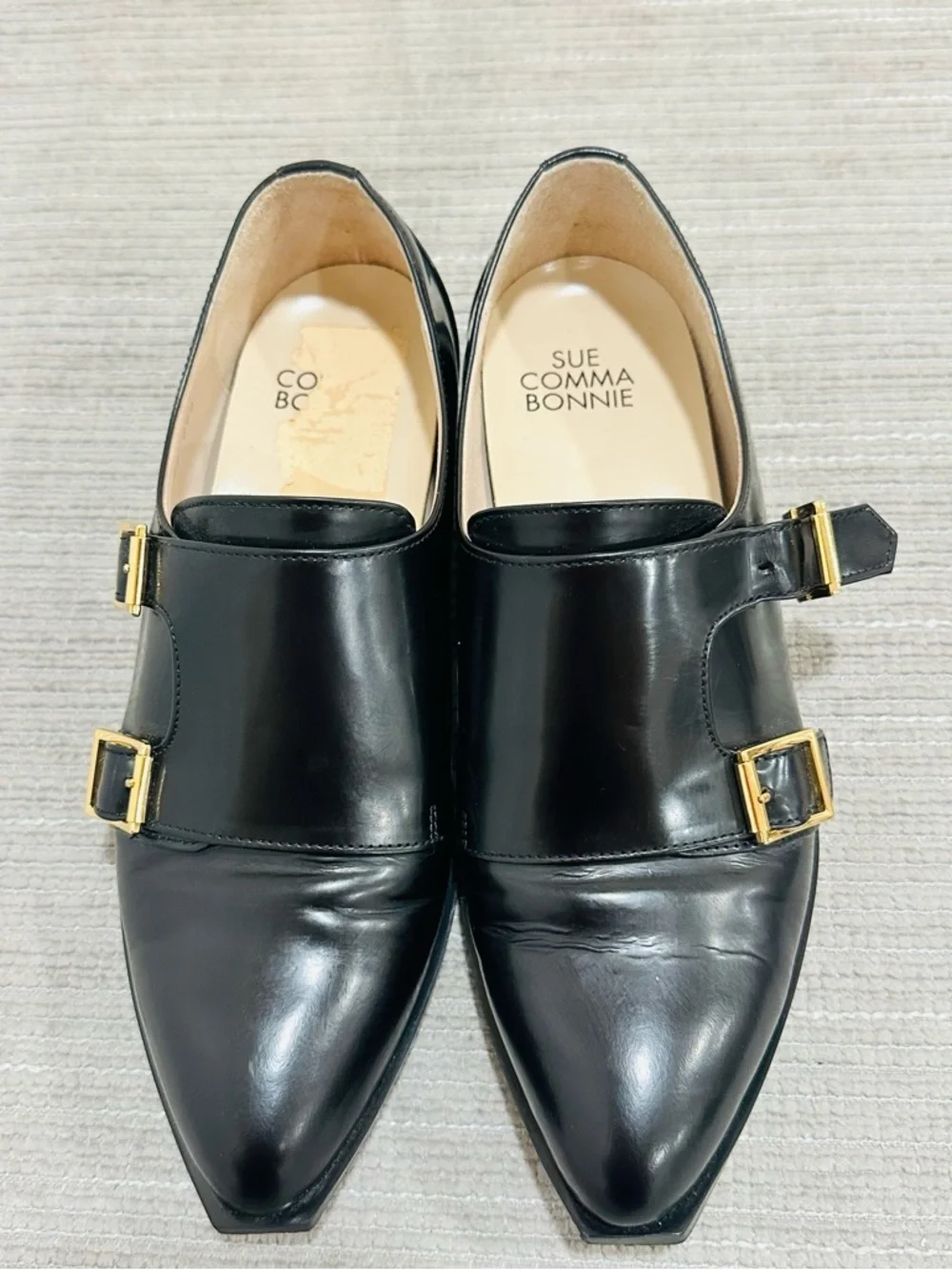 Suecomma Bonnie Black‎ Leather Double Monk Strap Flats Shoes - Size 6